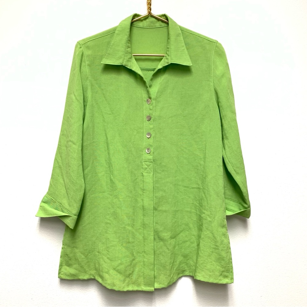 Fridaze Linen Tunic Top Collared Button Shirt Size Small‎ Green Lagenlook Artsy